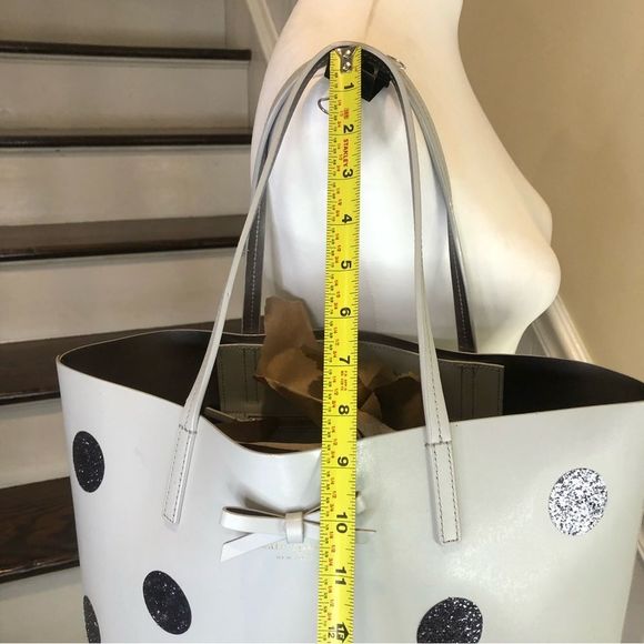 KATE SPADE Silver Glitter Polka Dot White Leather Tote Shoulder Bag Zip Pocket - Picture 7 of 17